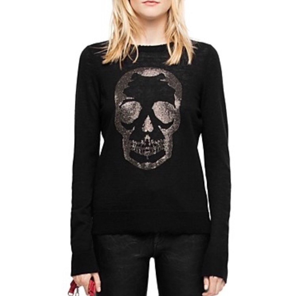 ZADIG & VOLTAIRE black leopard embellished skull Miss Bis cashmere sweater S